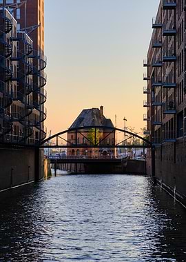 Hamburg canal with bridge and buildings