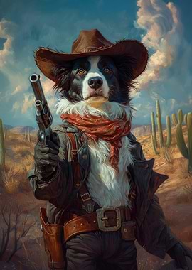 Border Collie Cowboy with Gun in Desert | Western Dog Portrait