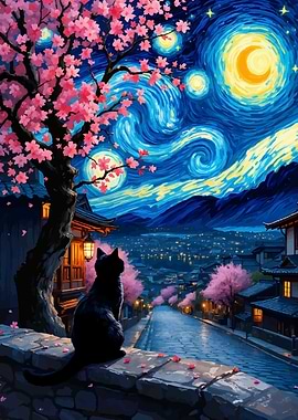 Black Cat Under Starry Cherry Blossoms