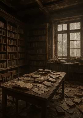 Dusty Library with Books and Table