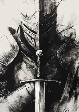 Monochrome Knight with Sword Illustration