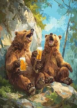 Two Bears Drinking Beer