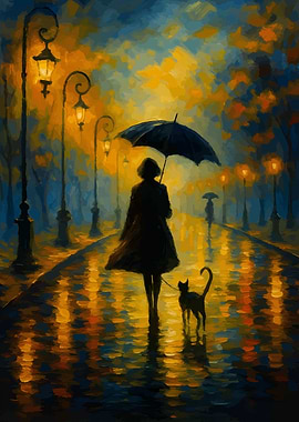 Rainy Night Walk with Cat