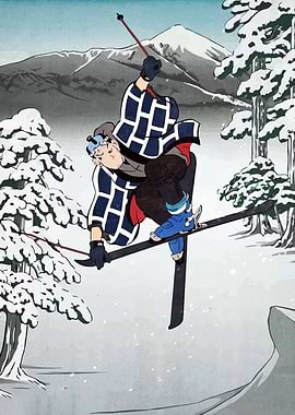 Ukiyo-e Style Skier in Mid-Air