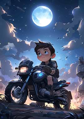 Boy Motorcycle Moonlight