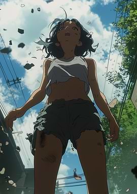 Anime Girl Looking Upward in City