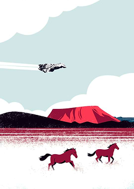 Horses, Spaceship, and Red Mountain Landscape