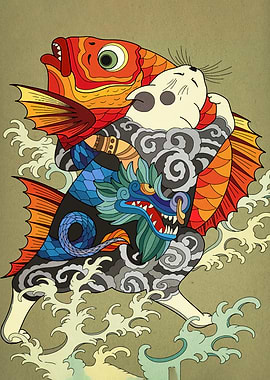 Cat with Fish and Dragon Tattoo