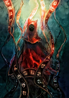 Mysterious hooded figure with glowing tendrils