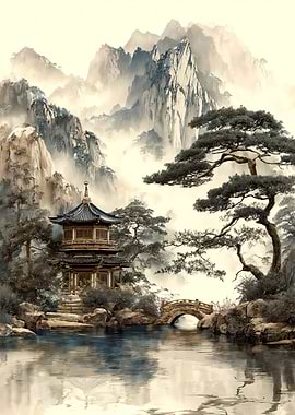 Asian Landscape with Pagoda and Mountains
