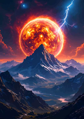 Fiery Sun Over Mountain Landscape