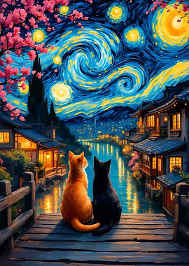 Cats gazing at Starry Night cityscape