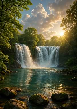 Majestic Waterfall in Lush Green Forest