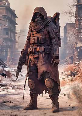 Post-Apocalyptic Warrior in Ruined Cityscape