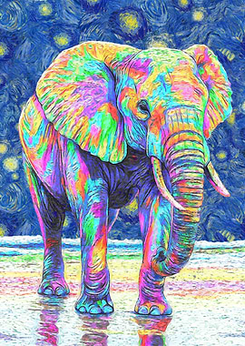 Colorful Elephant in Starry Night Style