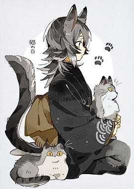 Anime Cat Boy with Cats