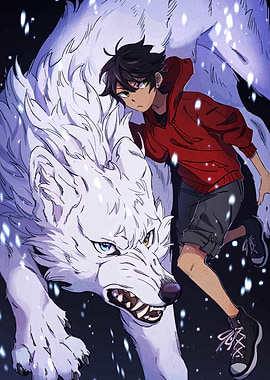 Anime Boy with White Wolf Companion