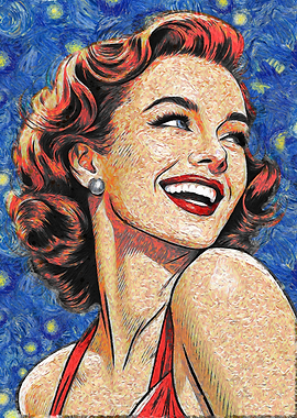 Retro Woman Portrait with Starry Background