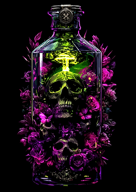 Skull Bottle with Flowers and Explosion