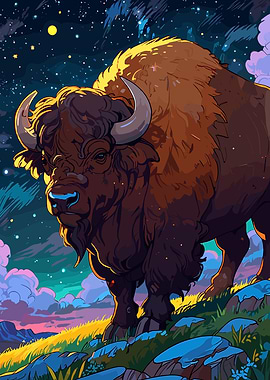 Majestic Bison Under Starry Night Sky