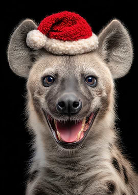 Hyena with Santa Hat Portrait