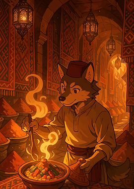 Anthropomorphic Wolf Chef Cooking Tagine