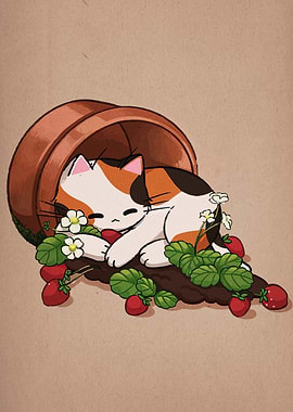 Sleeping Calico Cat in Flowerpot