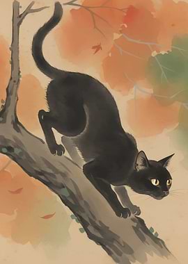 Black Cat on Branch in Autumn