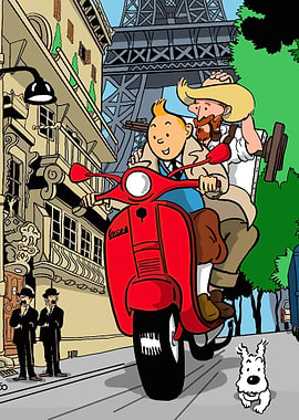 Tintin and Haddock on Vespa in Paris