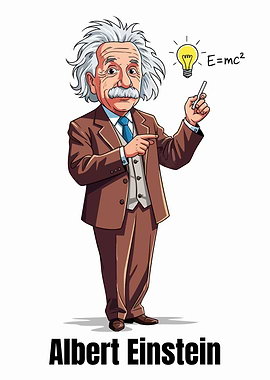 Cartoon Albert Einstein with E=mc2