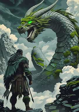 Warrior facing giant moss dragon