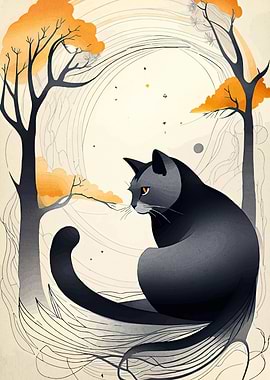 Stylized Cat Portrait with Autumn Trees