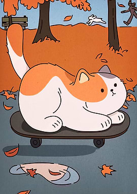 Cat on Skateboard in Autumn Park