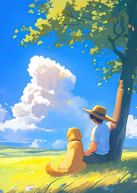 Boy and Dog Under Tree