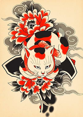 Japanese Tattoo Style Cat with Flowers