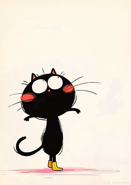 Cartoon Black Cat with Yellow Boots