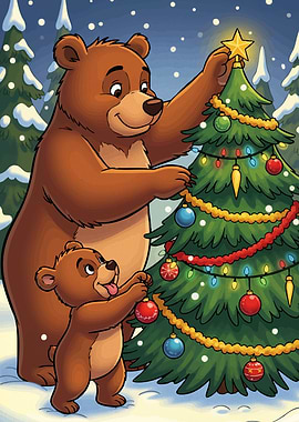 Bears Decorating Christmas Tree