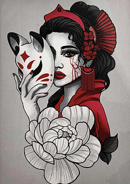 Geisha with Fox Mask and Flower