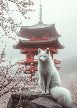 White Fox and Japanese Pagoda