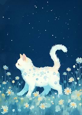 Floral Cat in Starry Night