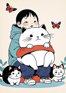 Child with Cats and Butterflies Illustration