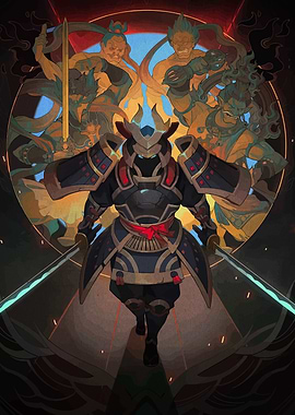 Samurai Warrior with Gods Backdrop