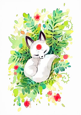 Sleeping Fox in Floral Watercolor