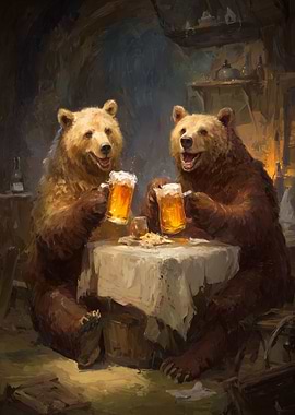 Bears Drinking Beer at a Table