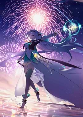 Girl with Fireworks Background