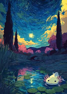Axolotl in Starry Night Landscape