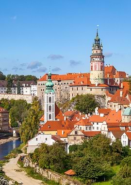 Cesky Krumlov cityscape under blue sky
