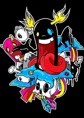 Cartoon Doodle with Skull and Monsters