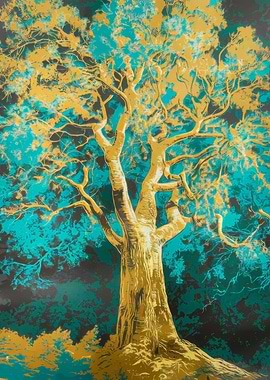 Golden Tree with Teal Foliage