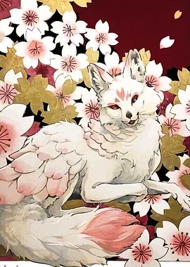 Fox spirit with cherry blossoms art
